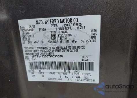 2007 Ford F-150 Lariat/Xlt из США, поврежденный, VIN 1FTPW12567KC93588